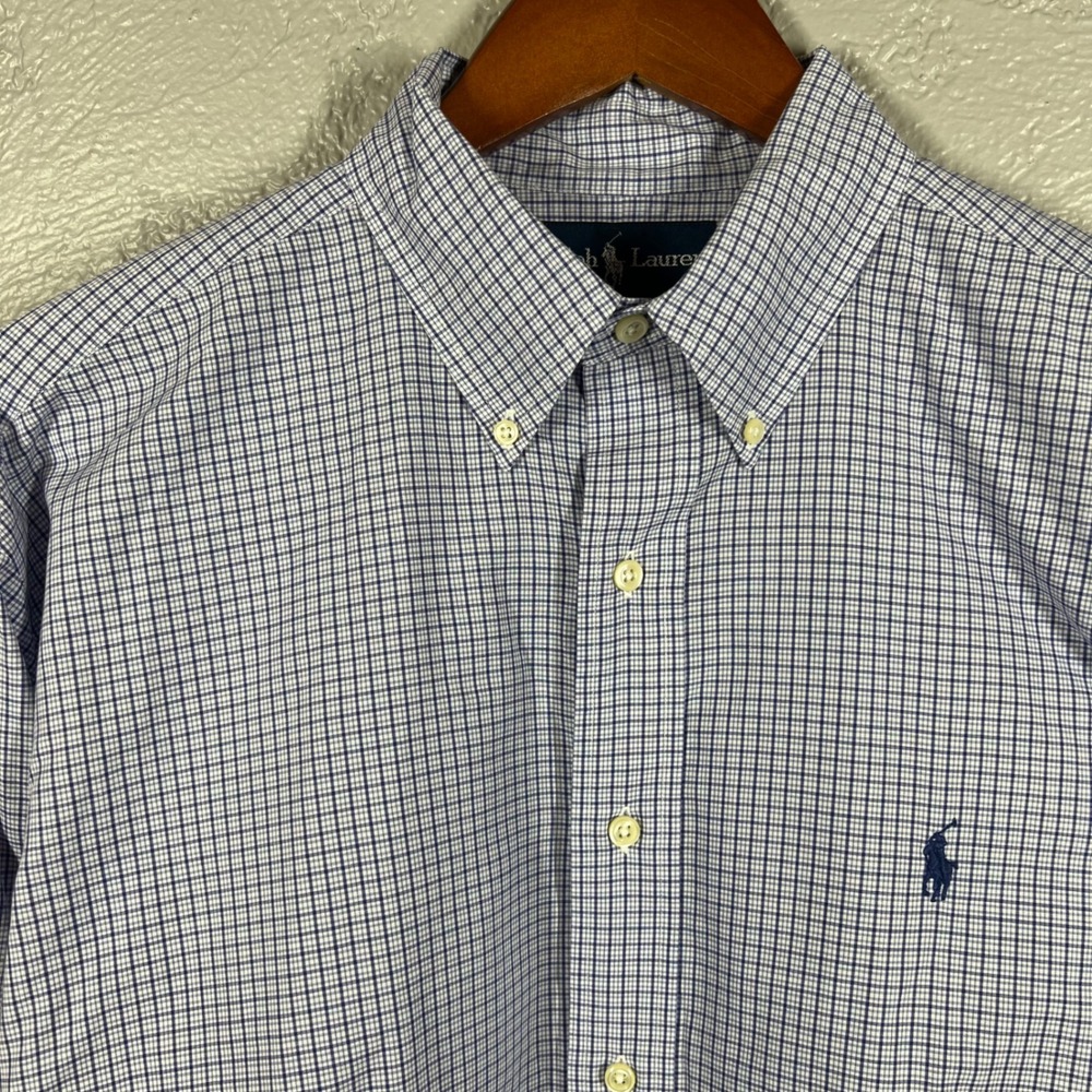 Ralph Lauren Yarmouth Mens 16 32/33 Blue White Plaid Button Down Dress Shirt